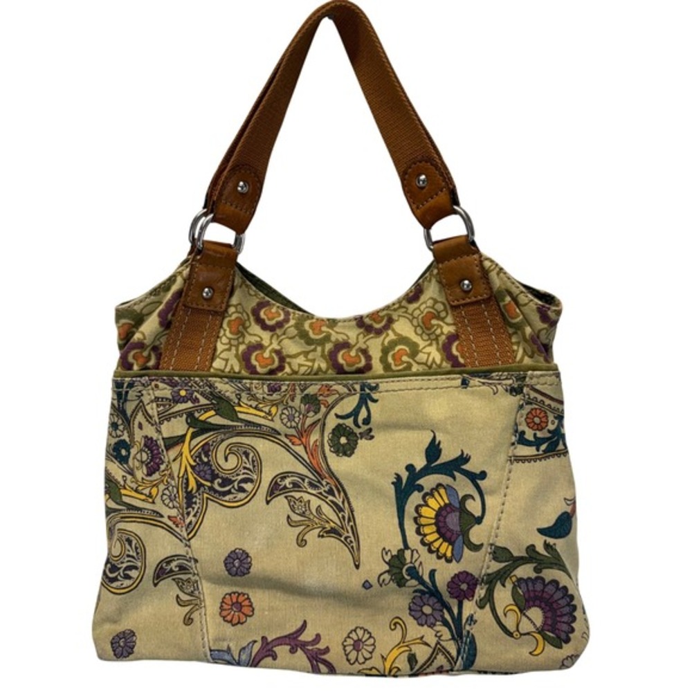 Fossil Canvas Shoulder‎ Bag Paisley Floral Print Leather Trim Zipper Taupe Green - Picture 4 of 8